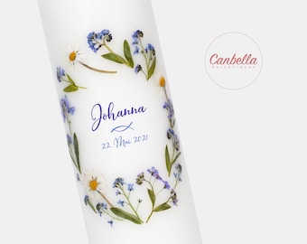 Baptismal candle / wedding candle with real flowers (15), flower wreath, writing is customizable, baptismal saying optional, baptismal candle vintage