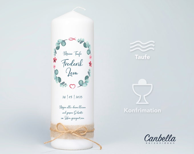 Christening candle confirmation candle (27), eucalyptus field flowers, for girls and boys, including baptismal message