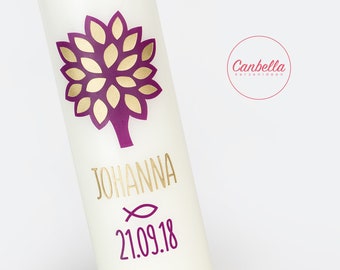 Christening candle of life tree (05), with golden wax decor, color and writing can be customized, high-quality wax writing, 100% wax - no foil