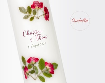 Wedding candle (05) made of real flowers, wedding candle, flower wreath, wedding motto optional