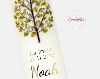 Baptismal candle with tree of life (13), made of real flowers and plants, gold lettering, wax lettering, baptismal saying optional, Greenery