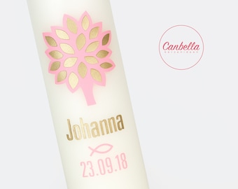 Christening candle of life tree (05), with golden wax decor, color and writing can be customized, high-quality wax writing, 100% wax - no foil