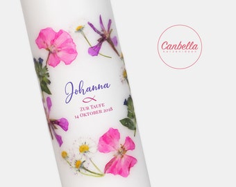 Baptism candle with real flowers (02), flower wreath, font can be customized, baptismal saying optional, baptismal candle vintage
