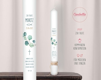 Personalized 40cm Christening & Communion Candle with Eucalyptus | for Girls and Boys | Modern | Narrow