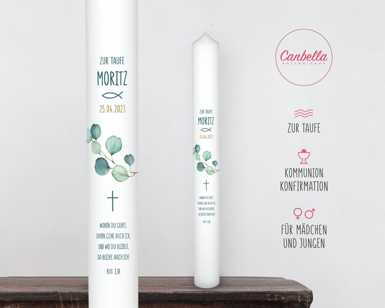 Baptism candle, communion candle, 40 cm, for girls and boys, eucalyptus, fish, cross image 1