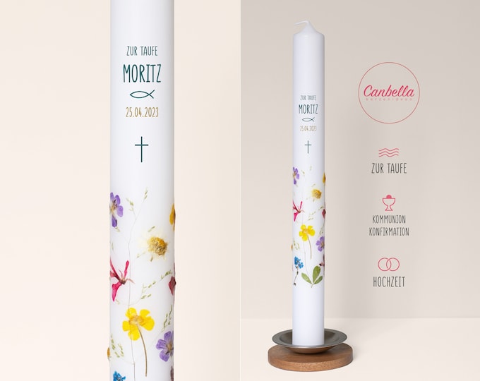 Baptism candle, communion candle, (29) with real wild flowers, 40 x 4 cm, saying on the back (option)