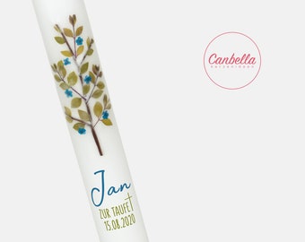 Baptismal candle with tree of life (11), made of real leaves and flowers, candle 40 x 4 cm, font options, baptismal saying optional, baptismal candle vintage