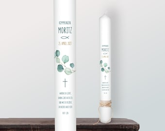 Personalized 40cm Christening & Communion Candle with Eucalyptus | for Girls and Boys | Modern | Narrow