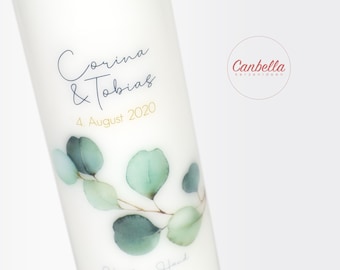Wedding candle (06), wedding candle, christening candle, eucalyptus, leaves, wedding saying