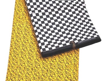 Ankara Wax Print Fabric, Checkerboard Black White Yellow, African Cotton Sewing 6yards
