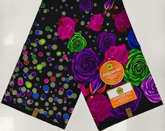 Black Floral Ankara Fabric, African Print Cotton, 6 Yards