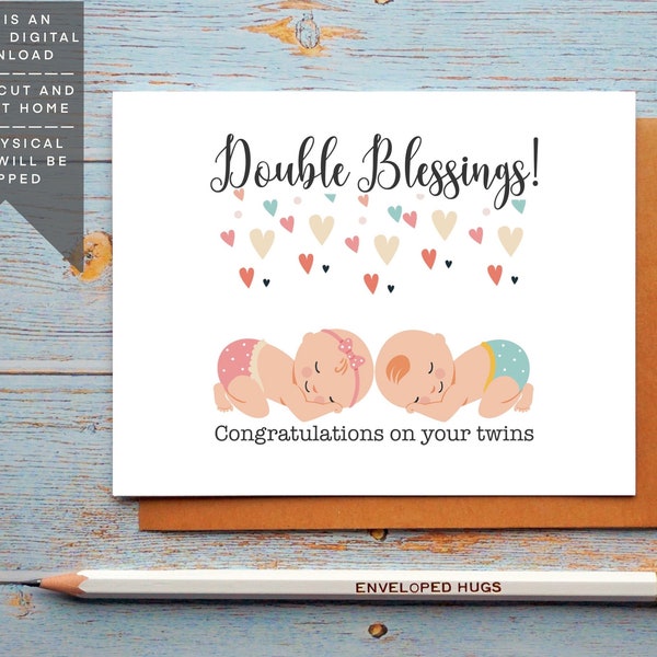 Twin Babies Printable Card, Instant Download, Twin Boy Girl Congratulations Card, Digital Download, Card for New Parents, Baby Shower Card