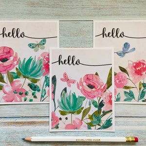 Aquarelle Floral Hello Cards Pack de 3, Cartes florales, Cartes de notes vierges en vrac, Penser à vous, Envoyer des câlins, Juste parce que, Cartes faites à la main