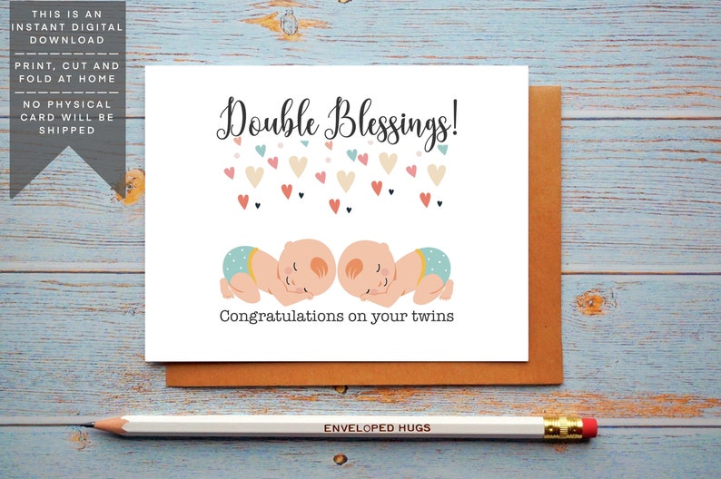 Twin Babies Printable Card, Instant Download, Twin Boys Congratulations ...