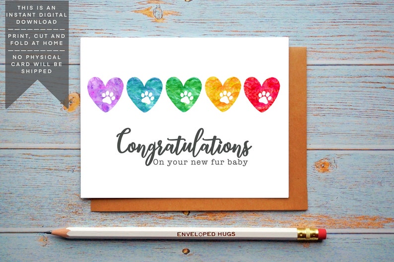 Instant Download, Congratulations on New Fur Baby, Pet Adoption card, Dog Adoption, Cat Adoption, Printable Congrats card, Paw Prints image 1