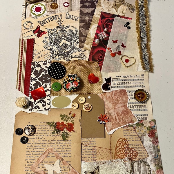 Junk Journal Kit 60+ Items "Love Is Art" Mixed Media Valentine's Day Art Supplies Ephemera Fabric Lace Music Keys Hearts Embellishments