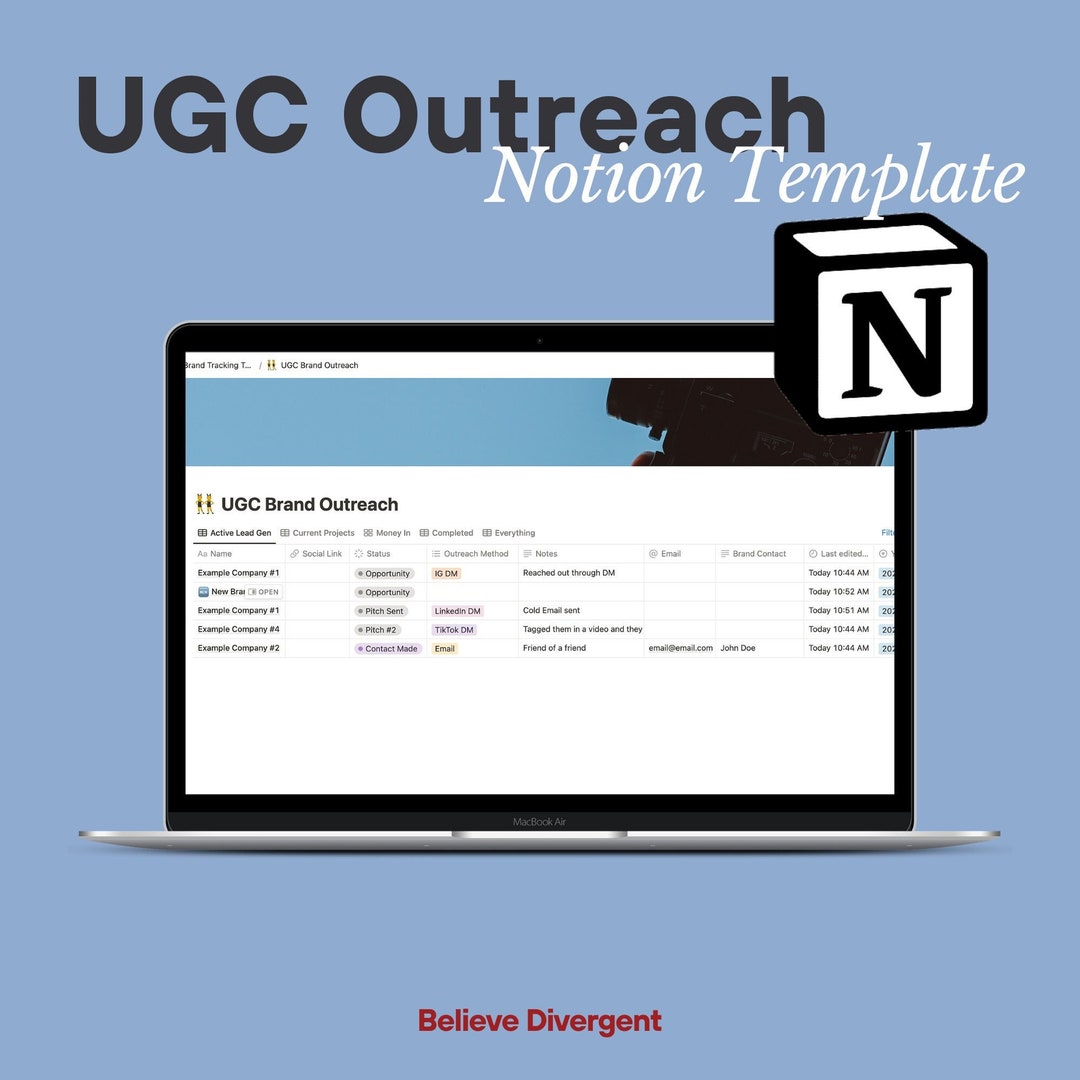 Notion UGC Outreach Template Influencer Spreadsheet Notion Template