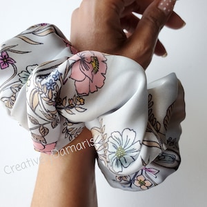 Pink Floral on Light Silver Scrunchie/Charmeuse Oversized Scrunchie /Jumbo Scrunchie/XL Scrunchie