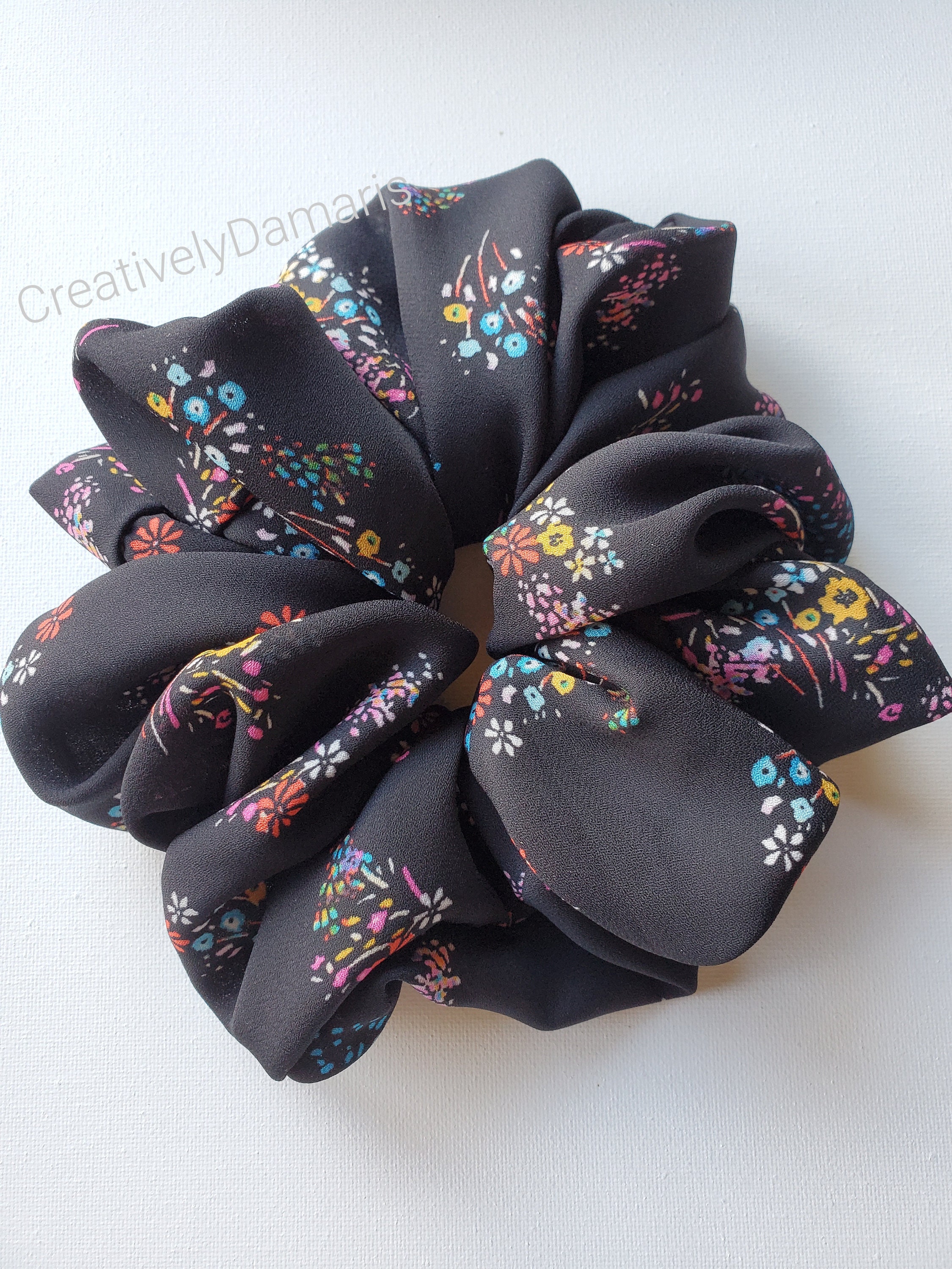 Black With Floral Print Scrunchie/chiffon Scrunchies /jumbo