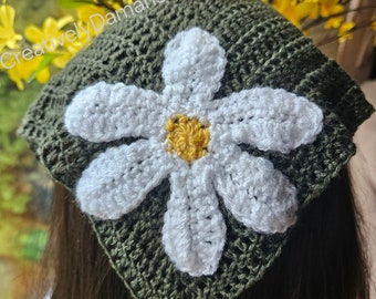 Retro White Flower Kerchief/Headband/Crochet Head Kerchief /Hair Accessories/Boho Headband in Sea Moss