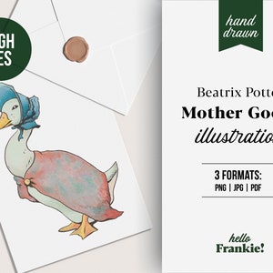 May include: A watercolour illustration of a Mother Goose from Beatrix Potter's children's book. The goose is wearing a blue bonnet and a red and blue cape. The illustration is in a vintage style.