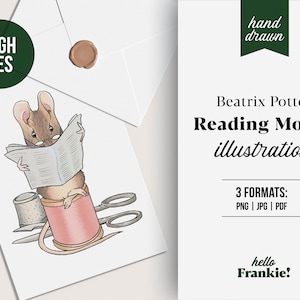Beatrix Potter Reading Mouse Illustration | Hand Drawn PNG | Beatrix Potter art images | Peter Rabbit illustration | BabyShower Scrapbooking