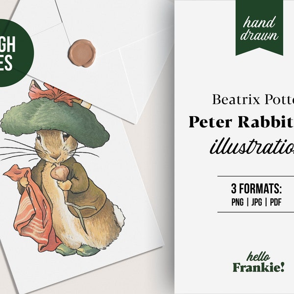Beatrix Potter Peter Rabbit Illustration | Hand Drawn PNG | Beatrix Potter art images | Cute Bunny with Hat | Baby Shower Scrapbooking
