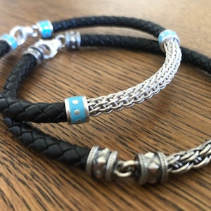 Bracelet Sterling silver with leather cord,gift for him,for her,Unisex bracelet,artisan design lobster lock,wristband bracelet