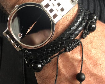 Premium Echtleder Armband für Herren in Schwarz | Polierter Magnetverschluss aus Edelstahl in Schwarz | Exklusive Schmuckschatulle unisex Geschenk