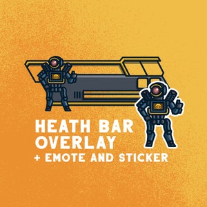May include: A black and yellow cartoon robot with a smiley face on its chest. The robot is standing next to a black and yellow train. The text "HEATH BAR OVERLAY + EMOTE AND STICKER" is below the image.