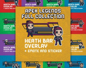 Può includere: Una collezione digitale di overlay per la barra della salute, emote e adesivi di Apex Legends con vari personaggi in stile chibi. La grafica centrale mostra il testo Apex Legends Full Collection e Health Bar Overlay + Emote and Sticker.