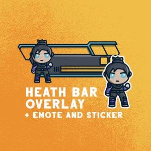 May include: A cartoon illustration of a character from the video game Apex Legends. The character is a woman with purple and black clothing and blue eyes. The character is standing in front of a black and blue bar with the text "HEATH BAR OVERLAY + EMOTE AND STICKER".