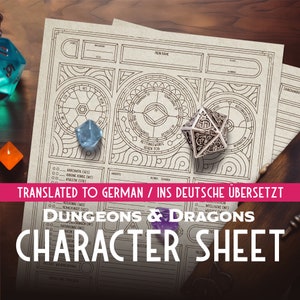 Könnte beinhalten: Ein schwarz-weißes Dungeons & Dragons Charakterblatt mit deutscher Übersetzung. Das Blatt hat ein kreisförmiges Design mit einem kompassartigen Muster. Der Text "Übersetzt ins Deutsche / Ins Deutsche Übersetzt" ist oben auf dem Blatt in Rot gedruckt.