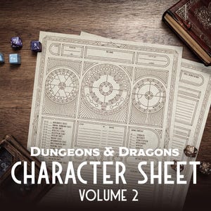 May include: A detailed character sheet for Dungeons & Dragons, Volume 2, with intricate circular designs and labeled sections. The text "DUNGEONS & DRAGONS CHARACTER SHEET VOLUME 2" is prominently displayed. Dice and a leather-bound book are also visible.