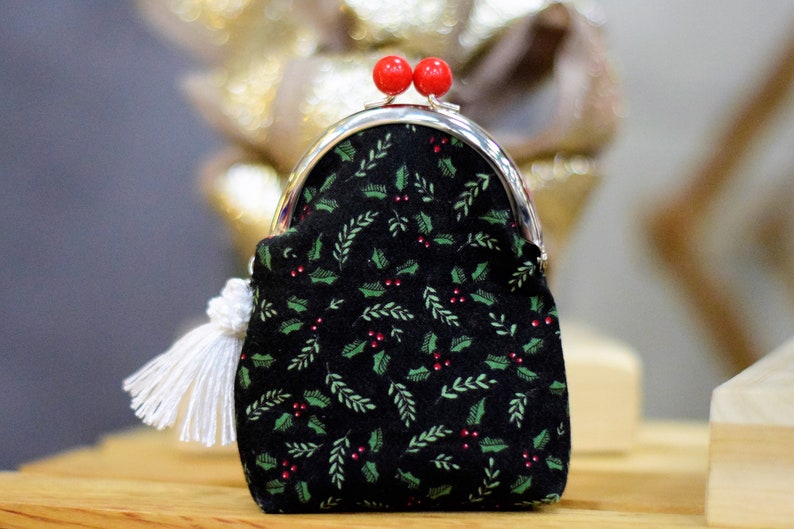 Christmas Holiday Fabric Bauble Clasp Purse Kiss Lock