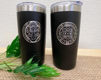 St Benedict Tumbler, Engraved Catholic Tumbler 20 oz, Black Stainless Steel Cup, St Benedict Medal Gift, Catholic Gift for Men