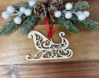 Trineo de Papá Noel, trineo de madera, trineo cortado con láser, adorno de Papá Noel, adorno de trineo, adorno navideño, Navidad de Papá Noel, trineo de madera