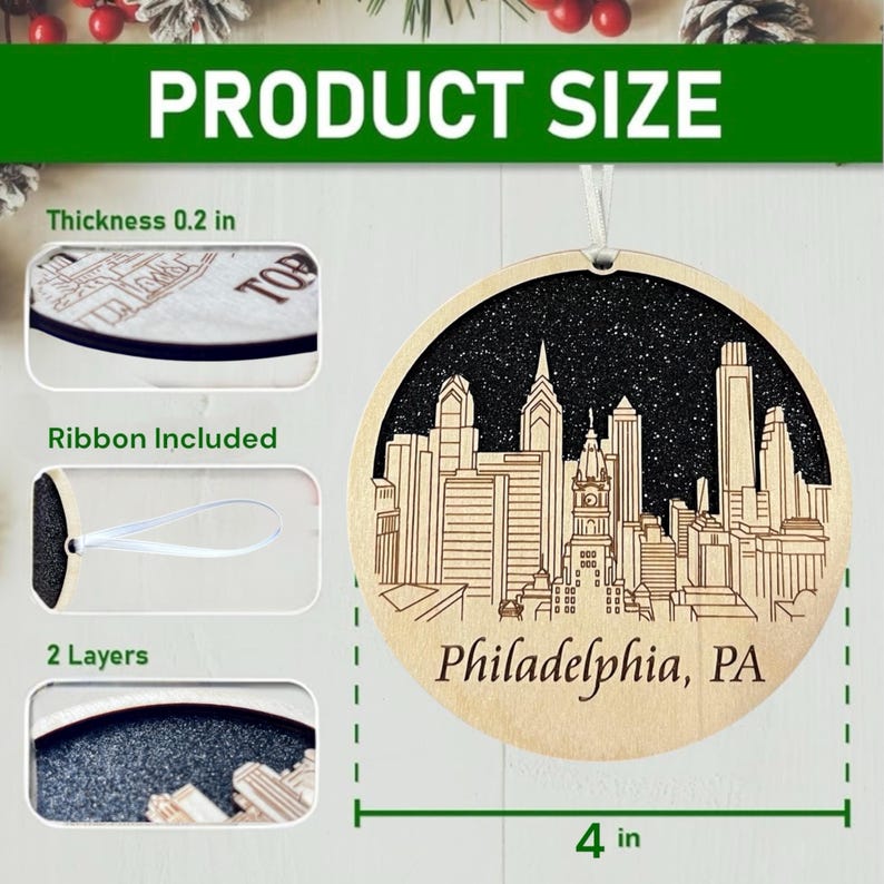 Philadelphia Skyline Christmas Ornament *** Philadelphia Ornament *** Philadelphia,Philadelphia Skyline, Philadelphia PA, Brotherly Love image 2