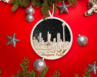 Recuerdo navideño del horizonte de las Cataratas del Niágara, adorno de madera personalizado, para fans de la ciudad natal.
