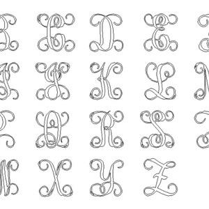 May include: A set of 26 black and white monogram letters, each letter is a stylized cursive font with decorative flourishes.