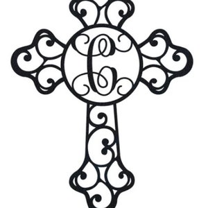 May include: Black metal cross with a decorative scroll design. The center of the cross features a circle with a single letter "C" monogram.