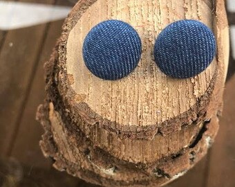 Fabric Button Earrings - Denim