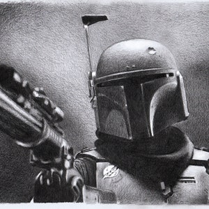 Impresión - dibujo a lápiz - Boba Fett Mandalorian - tamaños 8" x 12" para póster