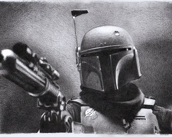 Print - pencil drawing - Boba Fett Mandalorian - sizes 8" x 12" to poster