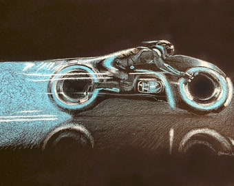 Print - crayon drawing - Tron light bike - sizes 8" x 12" to poster