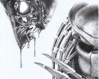 Print - original pencil drawing - Alien vs Predator - sizes 8" x 12" to poster