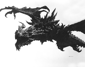Print - Bic biro drawing - Skyrim dragon - sizes 8" x 12" to poster