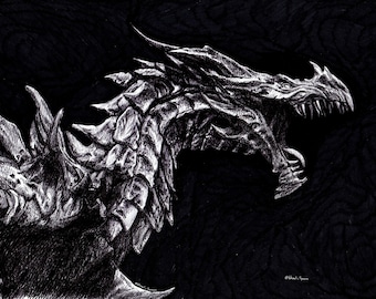 Print - Bic biro drawing - Skyrim dragon - sizes 8" x 12" to poster