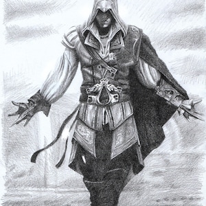 Druck - Bleistiftzeichnung - Assassin's Creed - Ezio, Größen 20 x 30 cm zum Poster