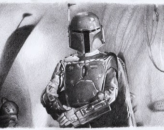 Print - pencil drawing - Boba Fett from ROTJ - sizes 8" x 12" to poster